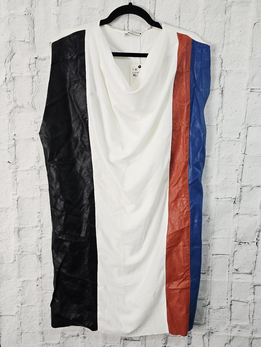 Zara colorblock mini cowl neck dress Sz XL sleeveless faux leather A2 - Picture 2 of 4